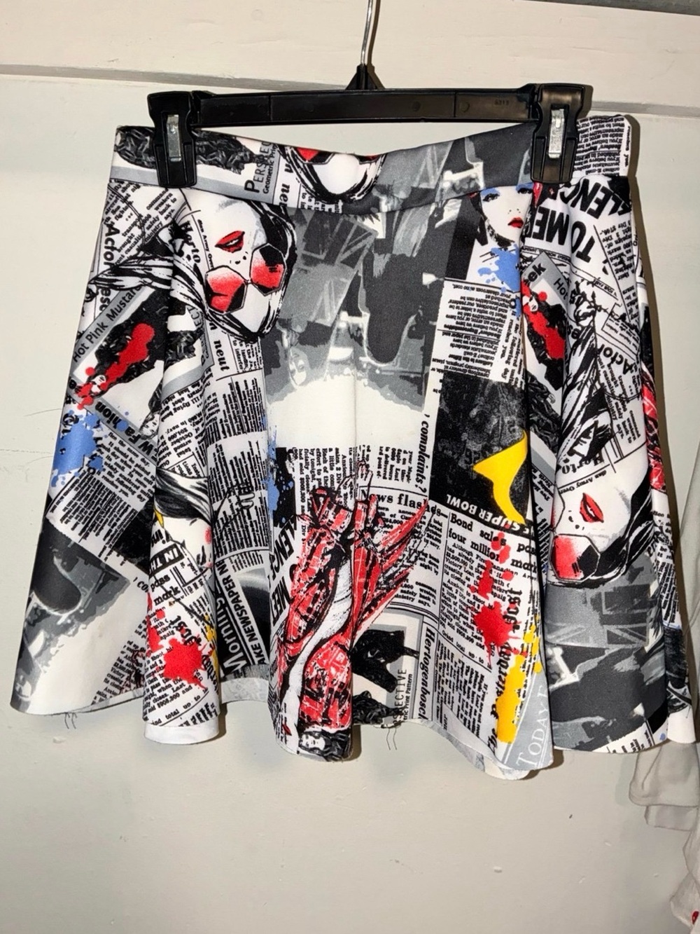 Newspaper Print Flared Mini Skirt with Color Accent